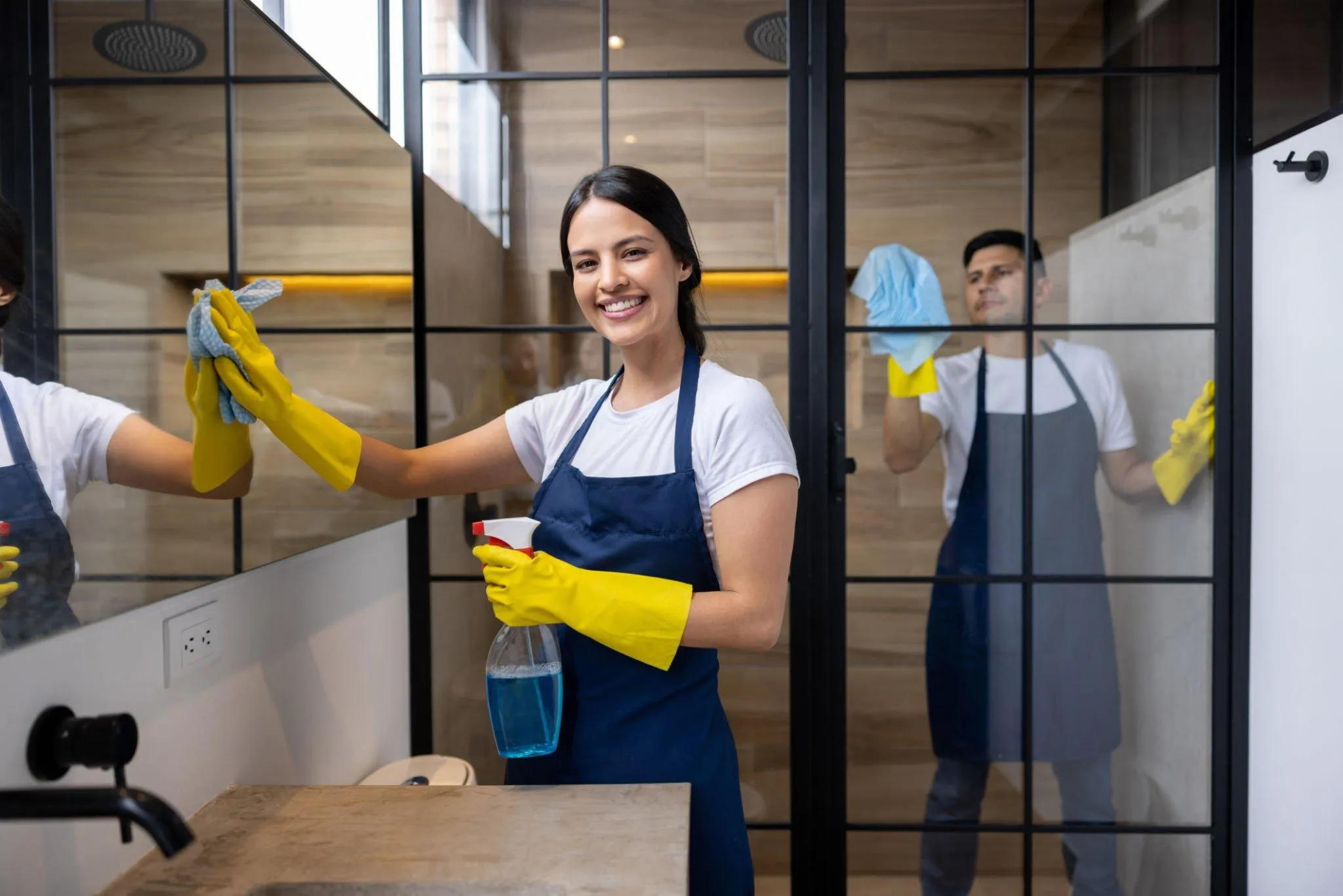 Smiling cleaner wiping bathroom glass shower door