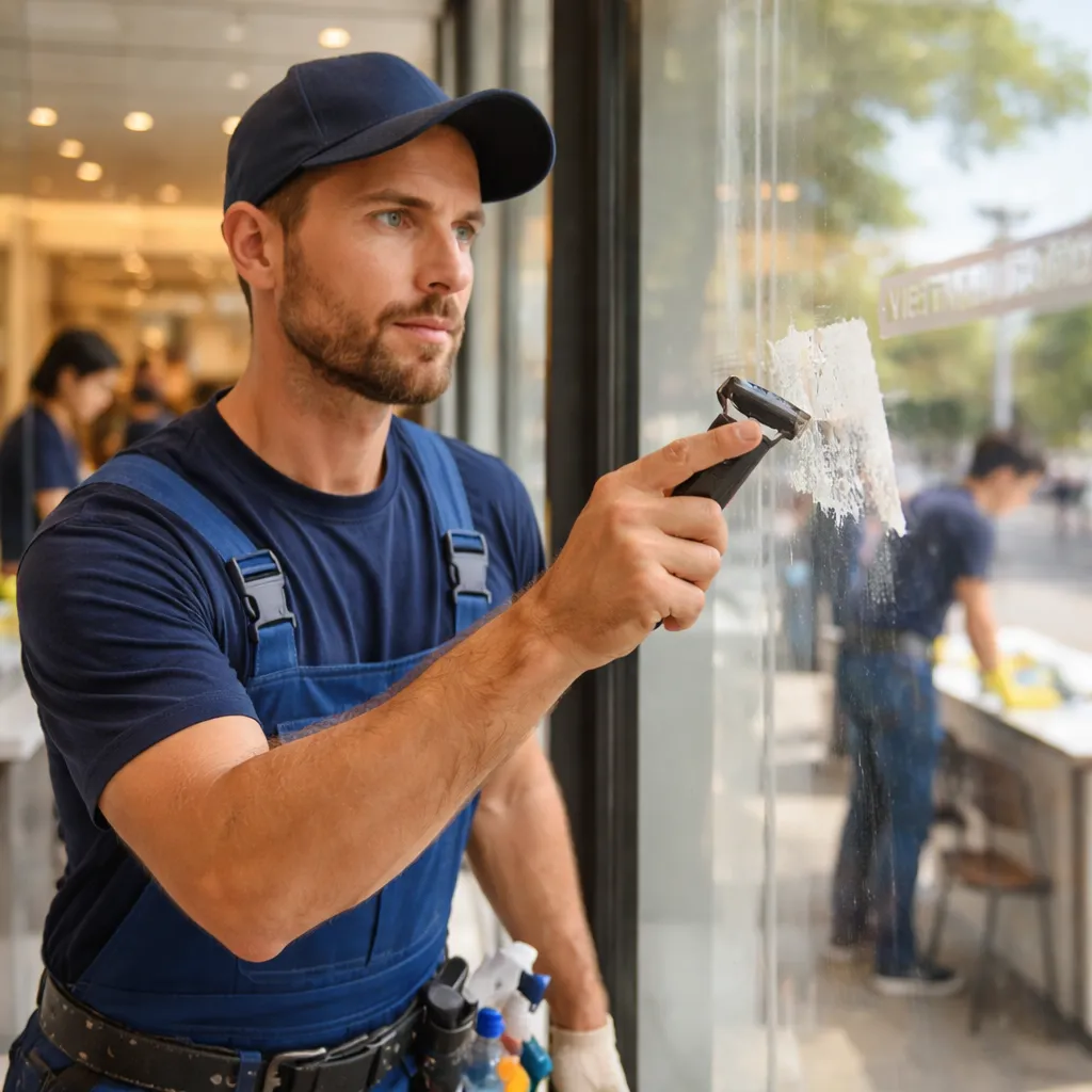 Scraping adhesive residue from storefront glass during Hendersonville renovation cleanup