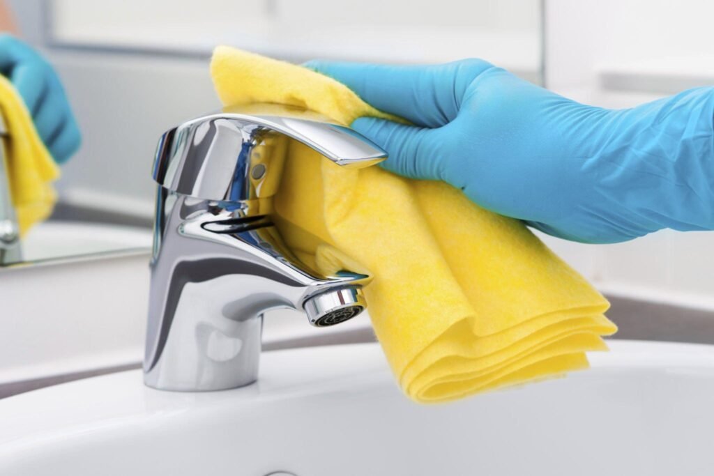 Polishing bathroom faucet with microfiber cloth