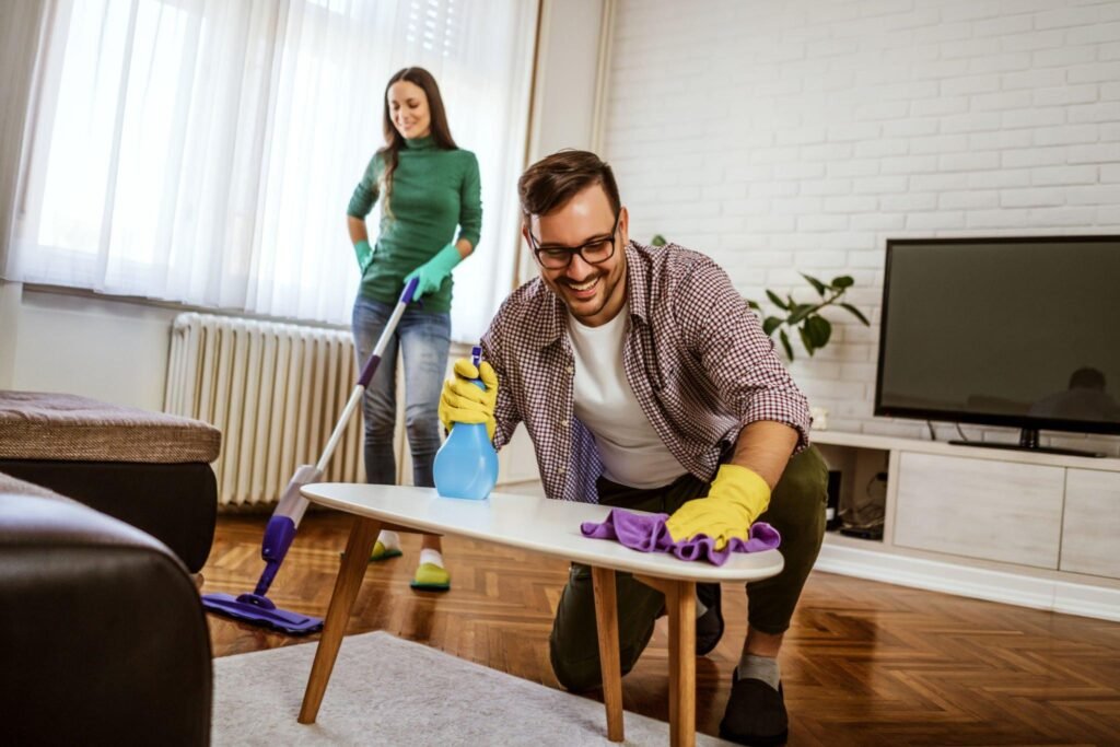 Couple cleaning apartment living room together