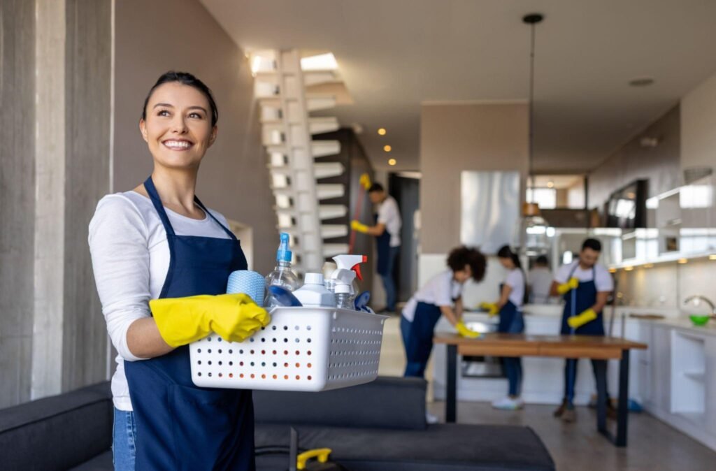 Cleaning team leader with crew cleaning apartment in background
