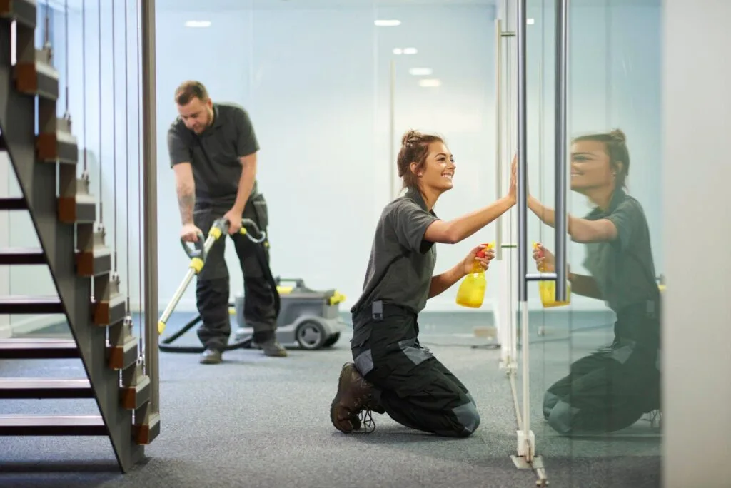 Janitorial crew cleaning glass doors and vacuuming office carpet