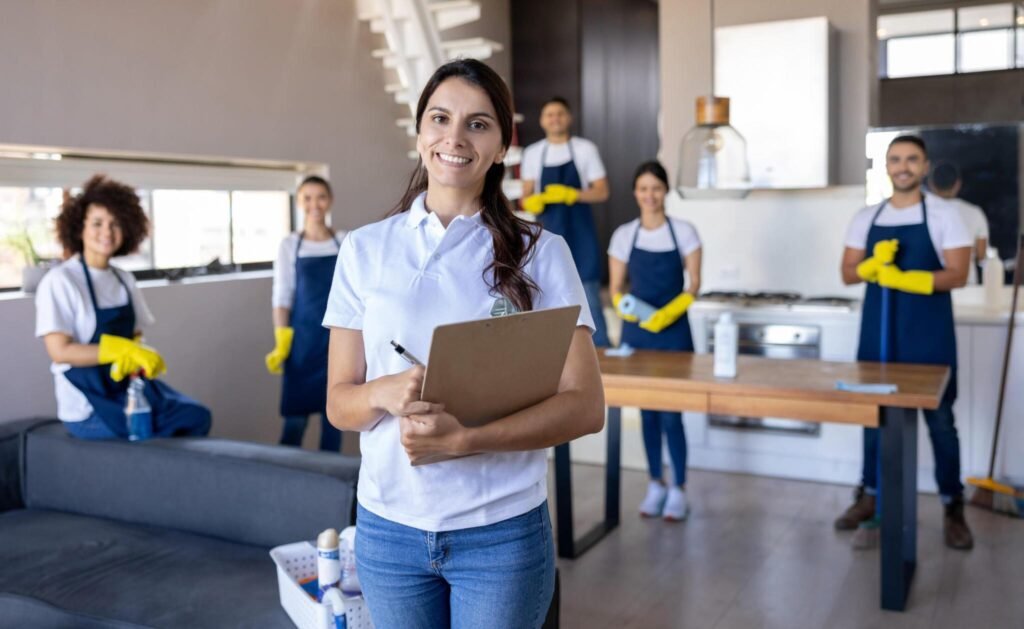 Cleaning team supervisor with clipboard directing apartment crew