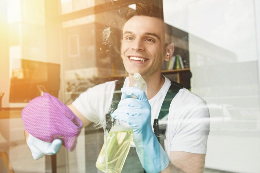 Worker cleaning commercial building windows with squeegee