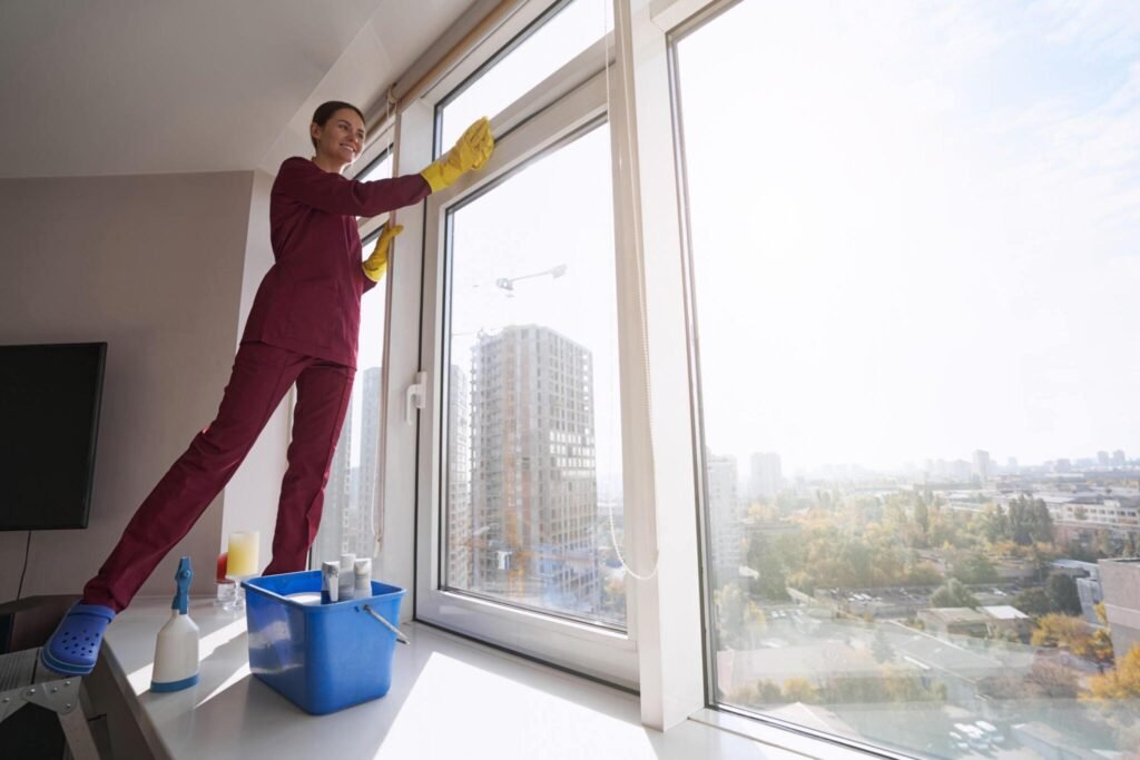 Window cleaner reaching high glass during construction phase clean