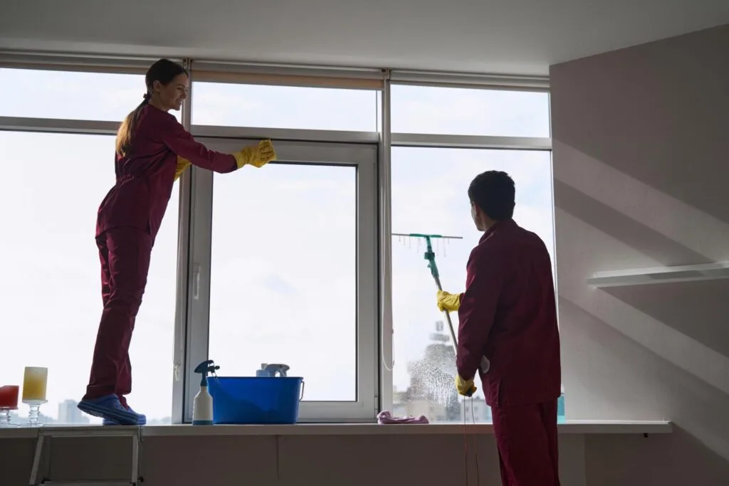 Two cleaners washing windows during drywall dust cleanup