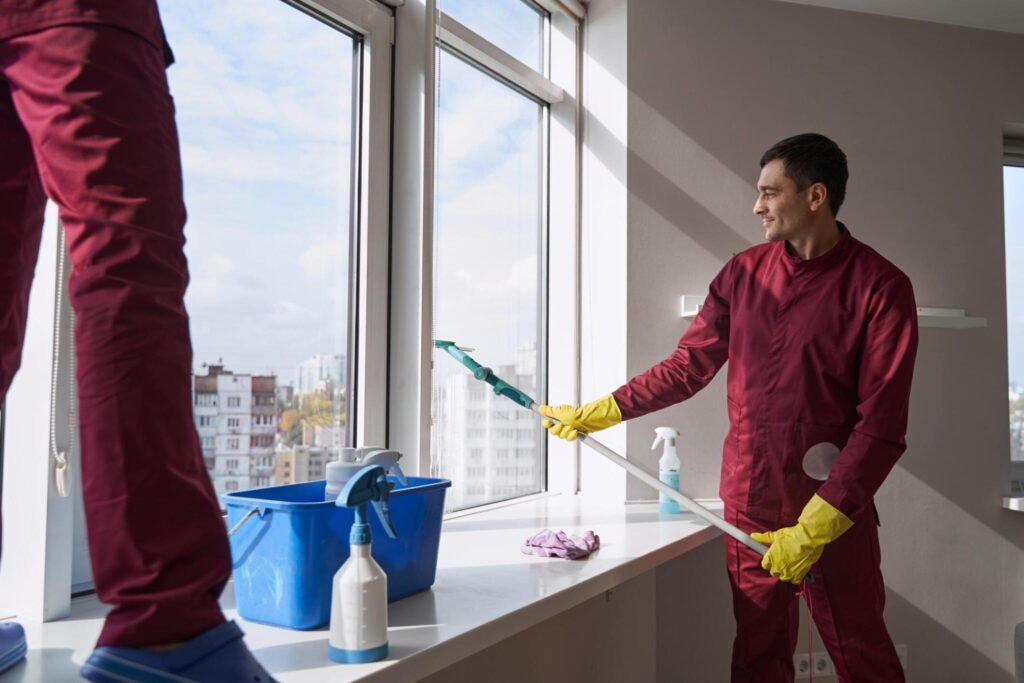 Cleaner using squeegee on window sill during construction phase clean
