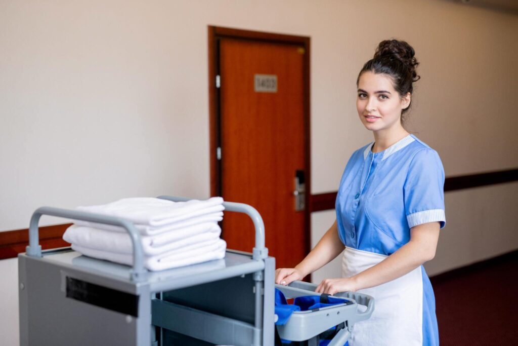 Housekeeper with towel cart preparing for final clean walkthrough