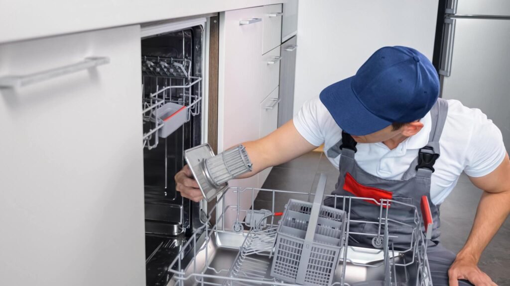 Technician cleaning dishwasher filter during final deep clean