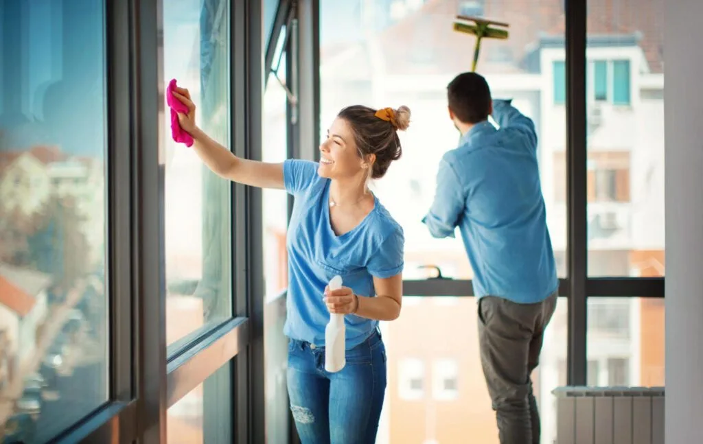 Couple cleaning apartment complex windows together