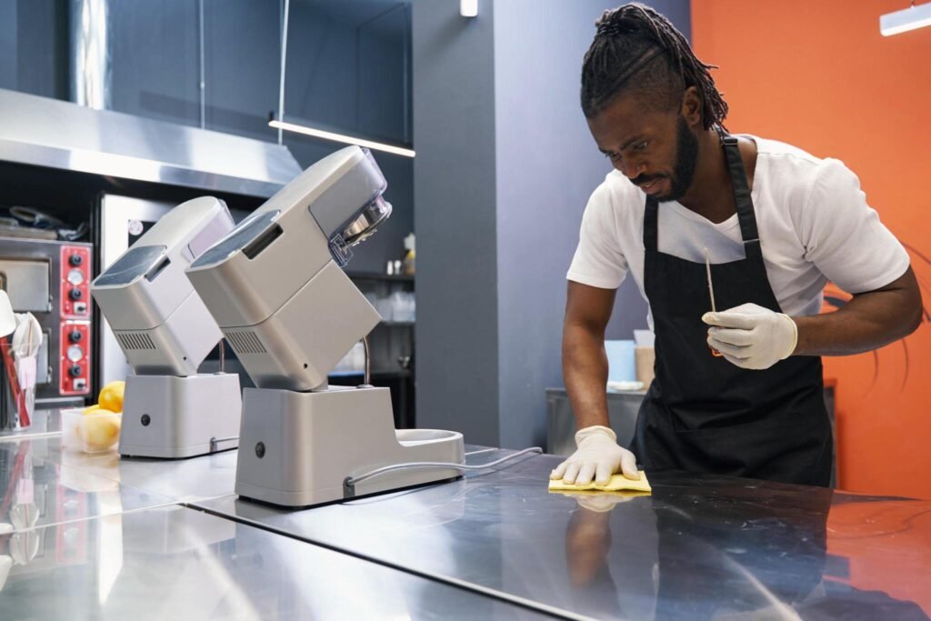 Worker cleaning commercial kitchen counter after renovation
