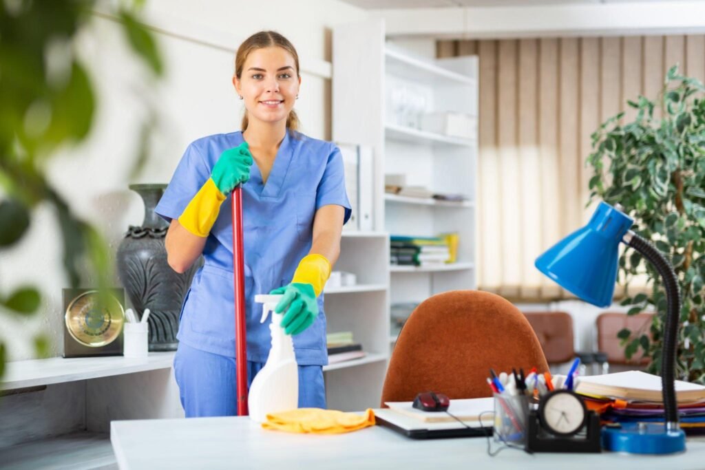 Professional cleaner with mop and spray bottle in home office