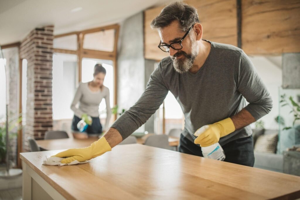 Couple wiping down surfaces before moving into new home